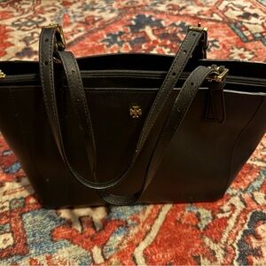 Tory Burch Black Leather Tote with Gold Accents